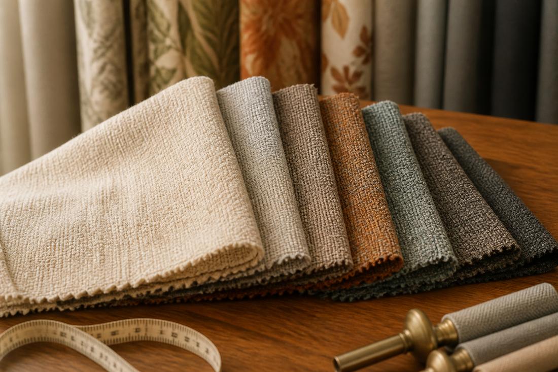 Fabric sample swatches stacked on a wooden table