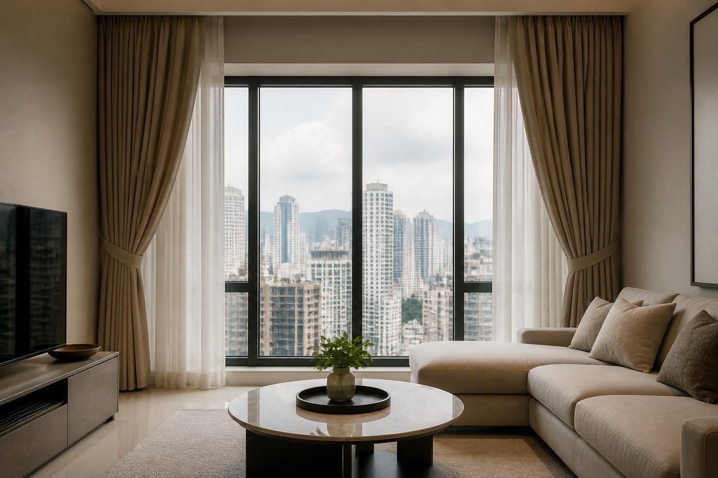 Floor-length beige drapes in a bright living room