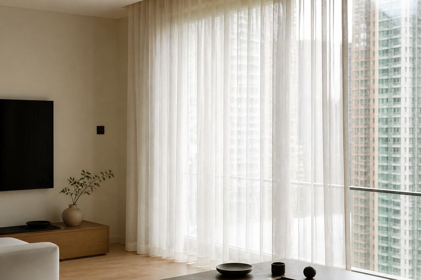 Sheer curtains filtering daylight beside a living room window
